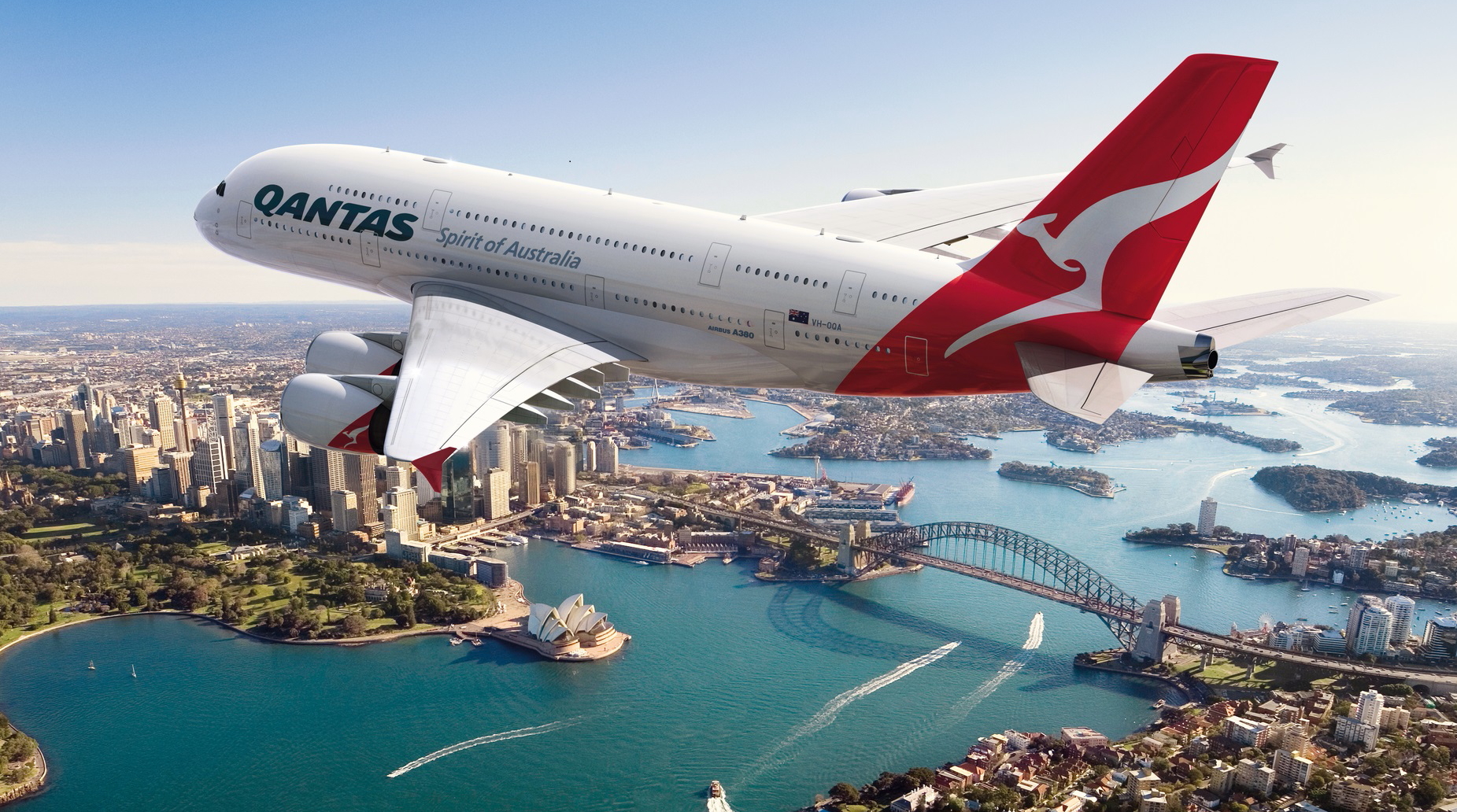 Qantas Airbus A380 flying over Sydney, Australia