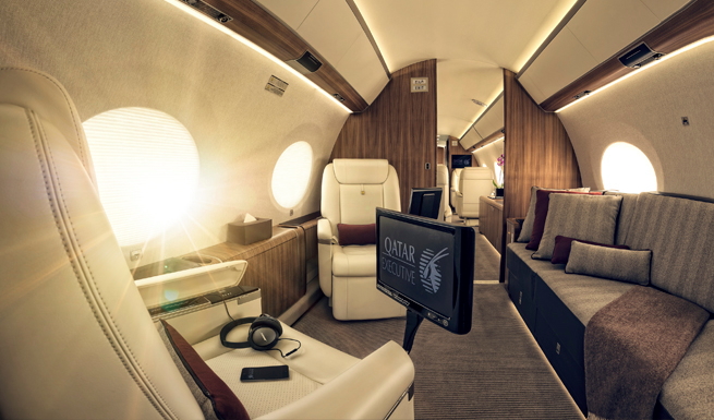 The luxurious interior of a Qatar Executive Gulstream G650ER