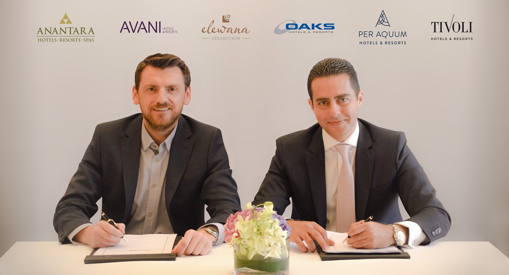 Ramzy Fenianos and Joe McCormack signing a management agreement for the 225-room Avani Al Marjan Island Ras Al Khaimah Resort