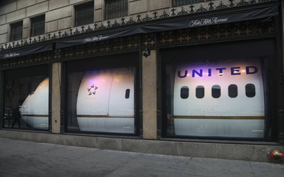 United Airlines has taken over the window display of Saks Fifth Avenue in New York City