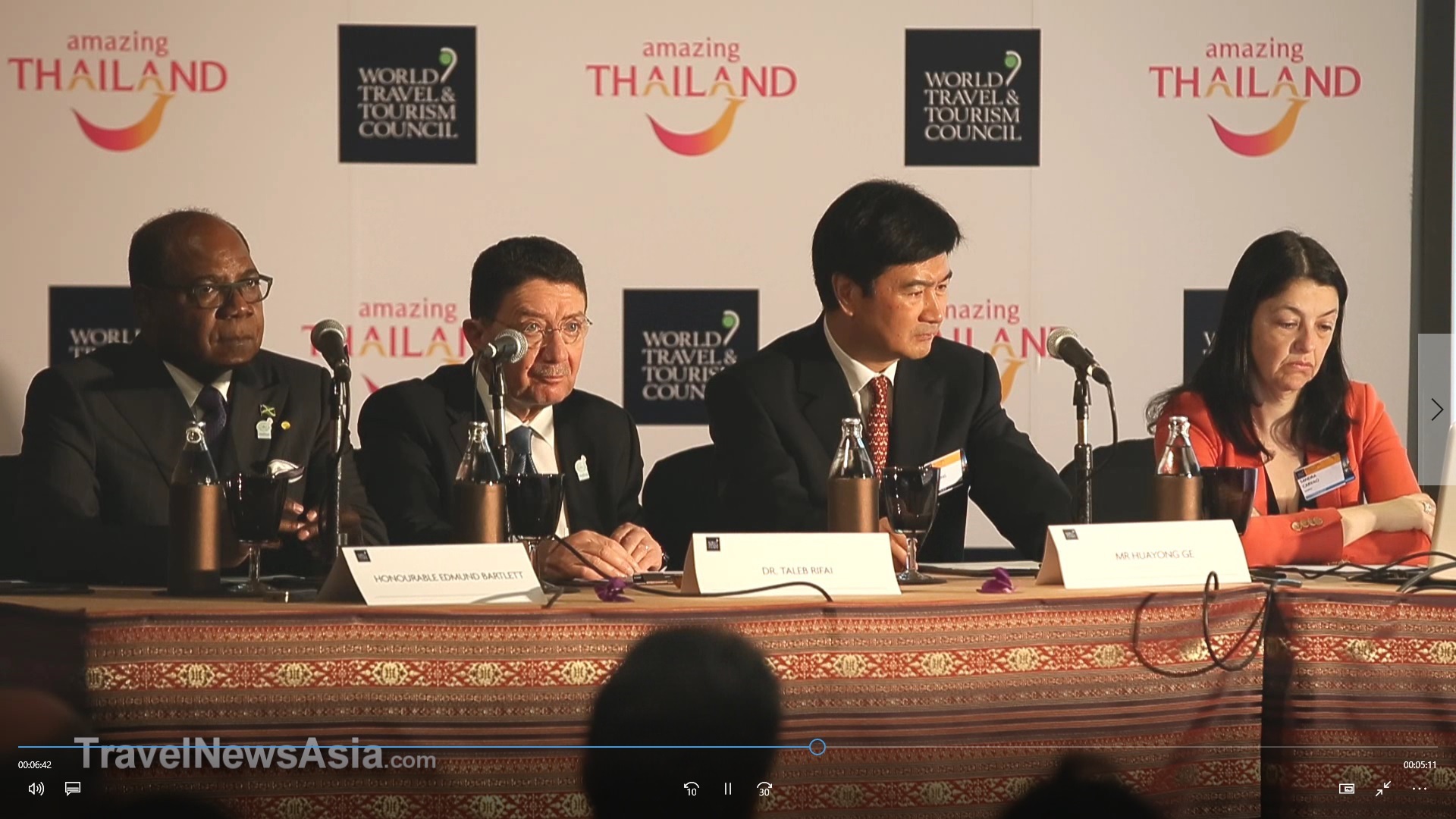 Dr. Taleb Rifai, Secretary General of the UNWTO, was joined by the CEO of Union Pay, Mr GE Huayong, and Jamaica's Minister of Tourism, the Honourable Edmund Bartlett at the opening press conference of the WTTC Global Summit 2017 in Bangkok on Wednesday, 26 April 2017.