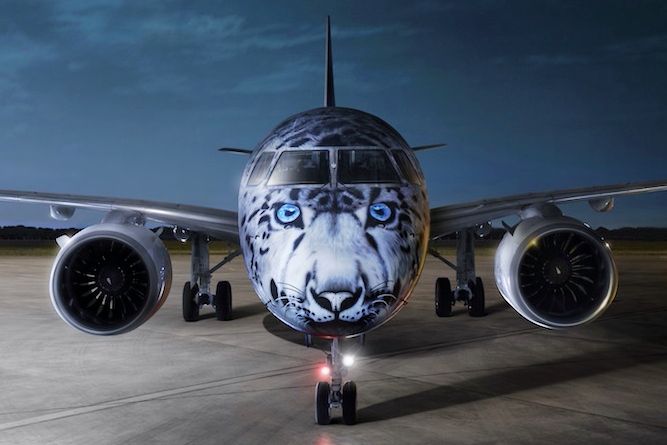 Air Astana Embraer E190-E2 'Snow Leopard'. The new aircraft features a special Air Astana 'Snow Leopard' livery, which is intended to draw global attention to the threat of extinction faced by this large wild cat, which is a native of the mountain ranges in southern Kazakhstan. Click to enlarge.