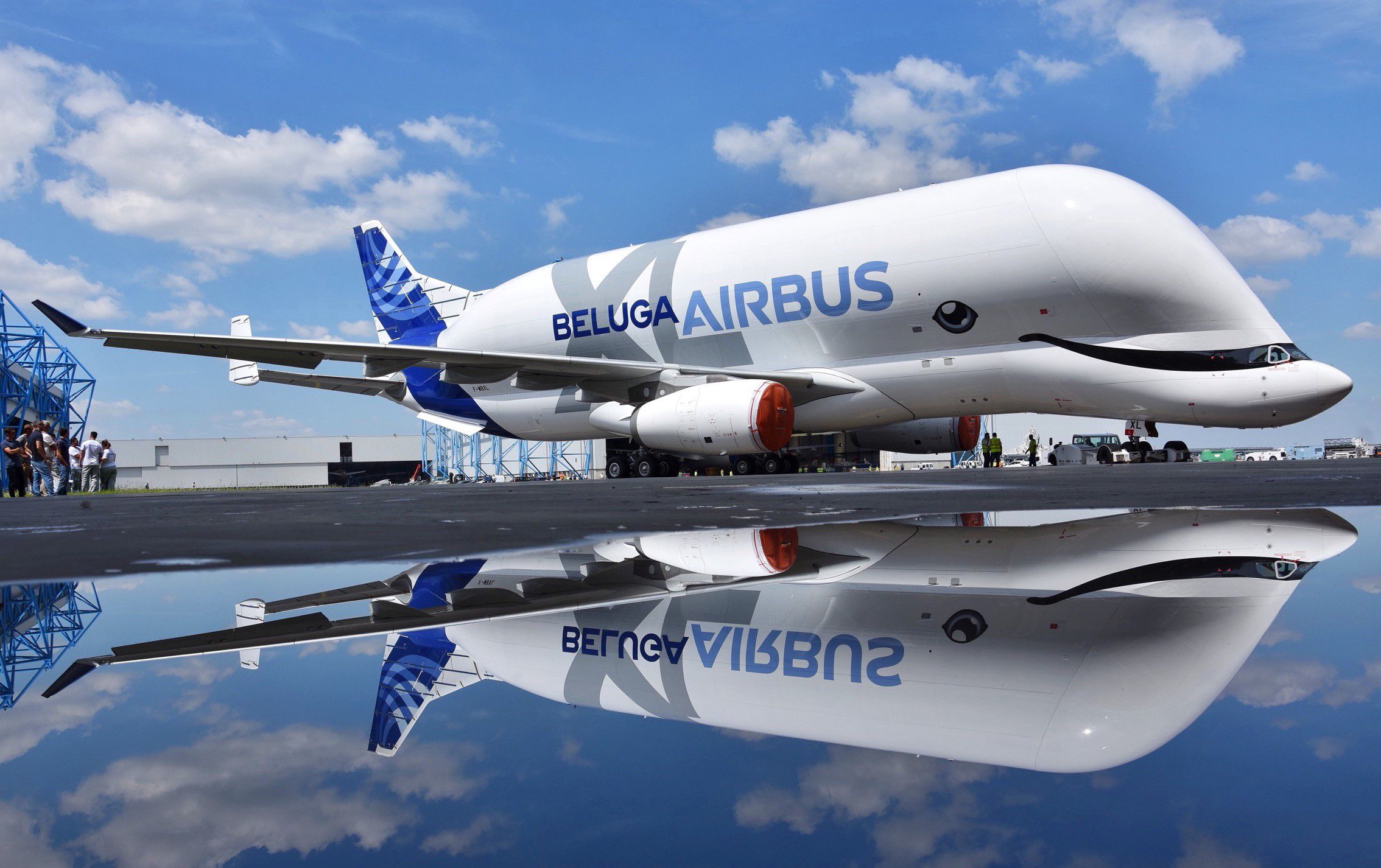 The first BelugaXL has rolled out of the paint shop unveiling a special livery that makes it look like a beluga whale. Click to enlarge.