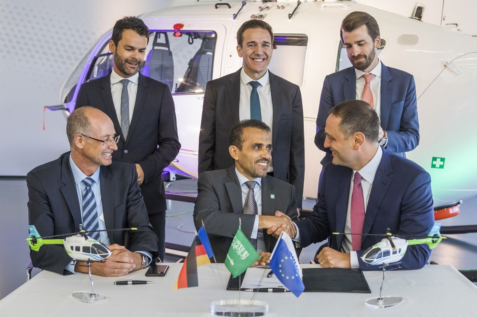 Front row, from left to right: Wolfgang Schoder (CEO of Airbus Helicopters Deutschland), Abdulhakim Gohi (Vice President of Industrial Services, Aramco) and Daniel Rosenthal (CEO of Milestone Aviation). Back row, from left to right: Alexis Vidal (Airbus Helicopters Vice President of Sales - Oil & Gas and Leasing), Michael York (Milestone Aviation Vice President of Sales - Middle East, Africa, India) and Charles Simpson (Airbus Helicopters Head of Sales - Middle East). Click to enlarge.