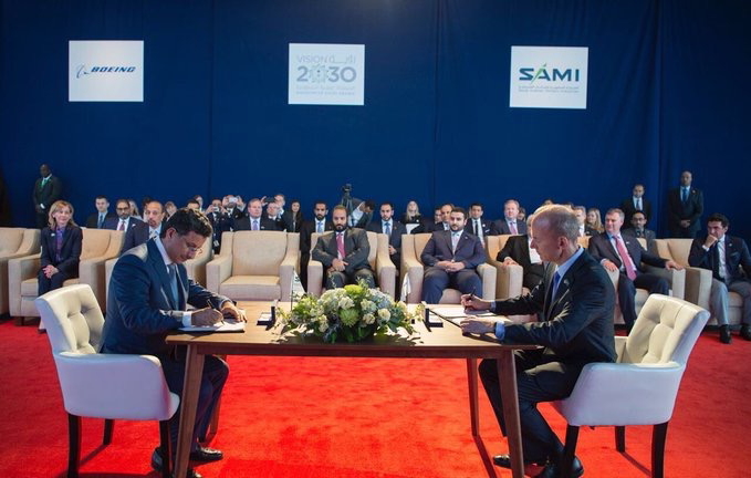 The agreement was signed by H.E. Ahmed Al-Khateeb, Chairman of SAMI, and Dennis Muilenburg, Chairman, President, and CEO of Boeing, at Boeing's commercial manufacturing facility in Everett, Wash. Click to enlarge.