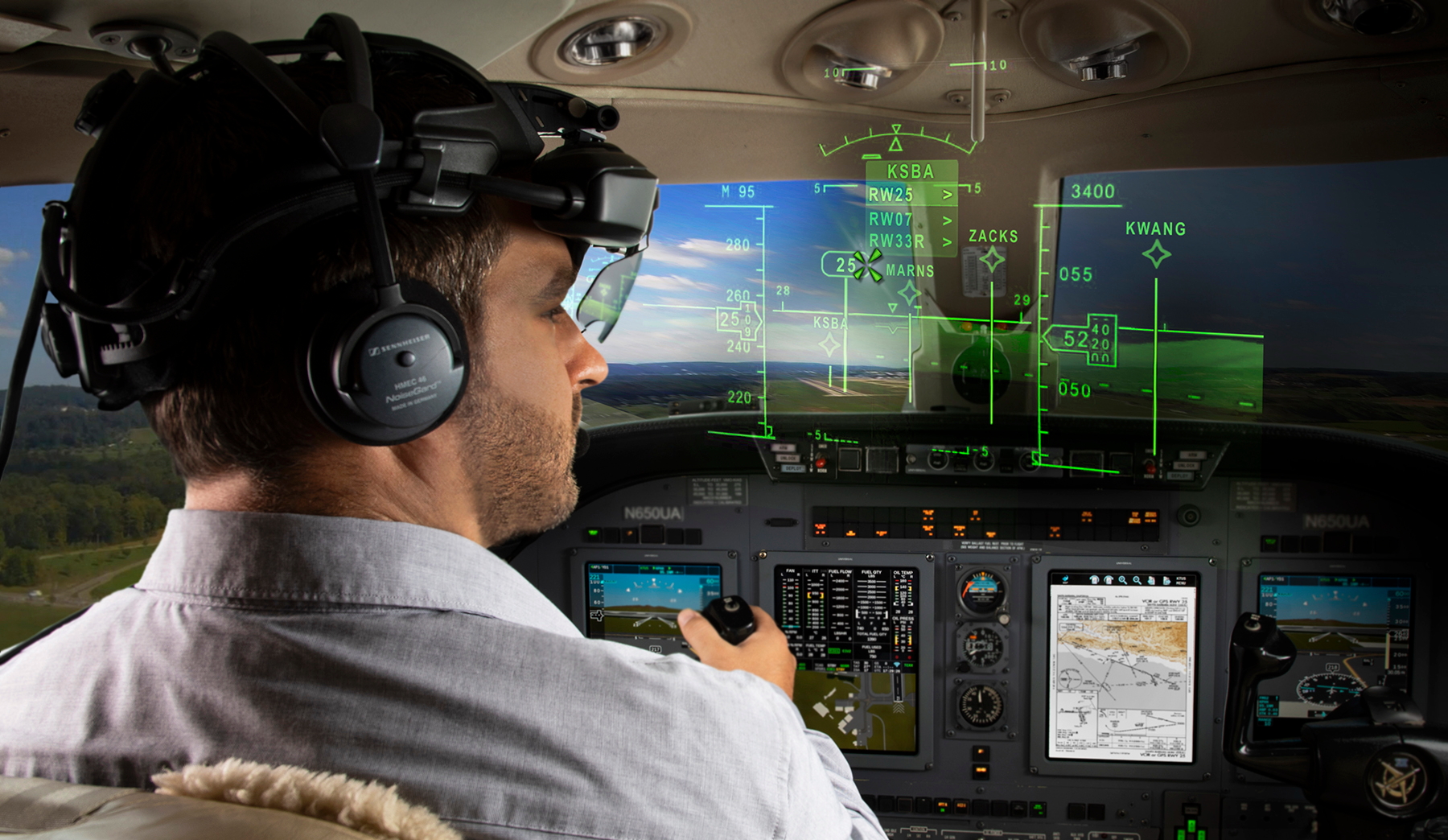Universal Avionics (UA), a subsidiary of Elbit Systems, unveiled a new ‘Head-Up, Head-Down’ flight deck system at NBAA-BACE 2018 yesterday. The new system is based on the integration of the InSight Display System and the SkyLens wearable Head-Up Display. Click to enlarge.