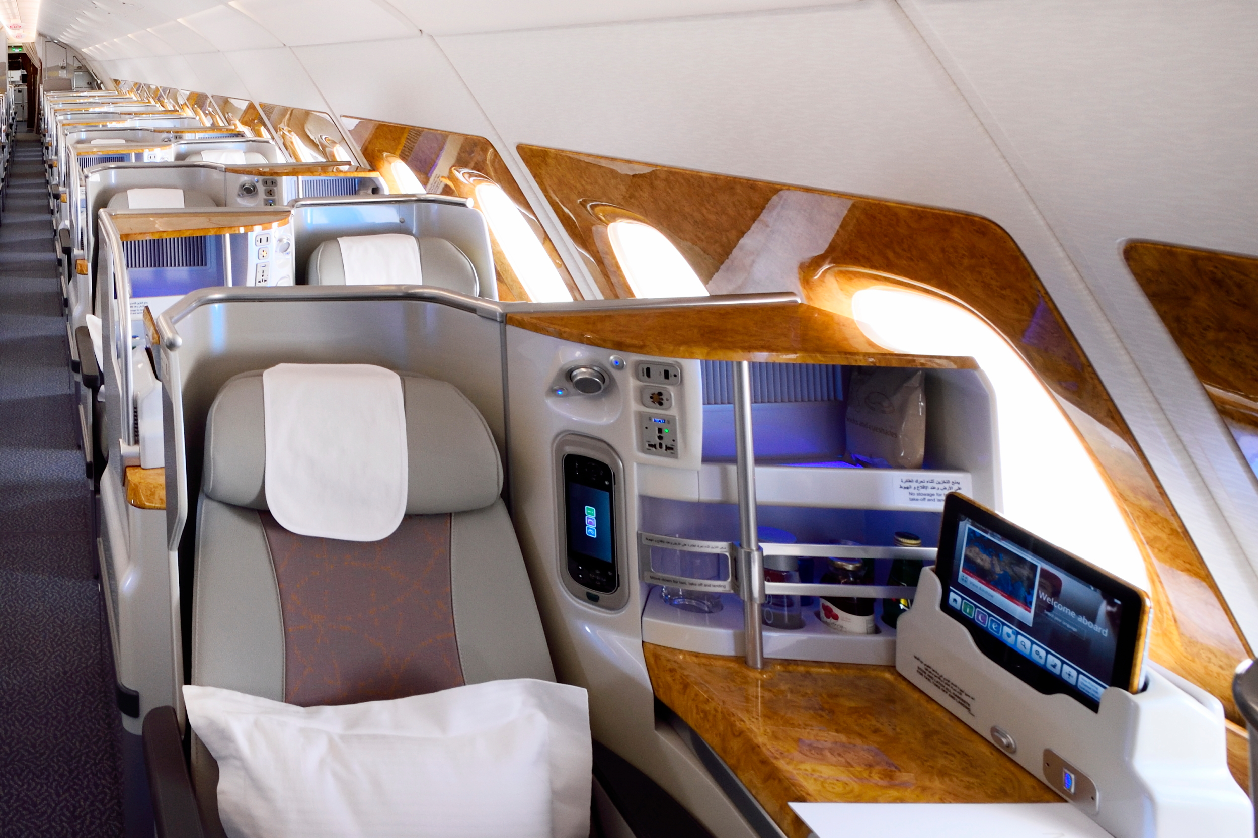Business Class on an Emirates Airbus A380. Click to enlarge.