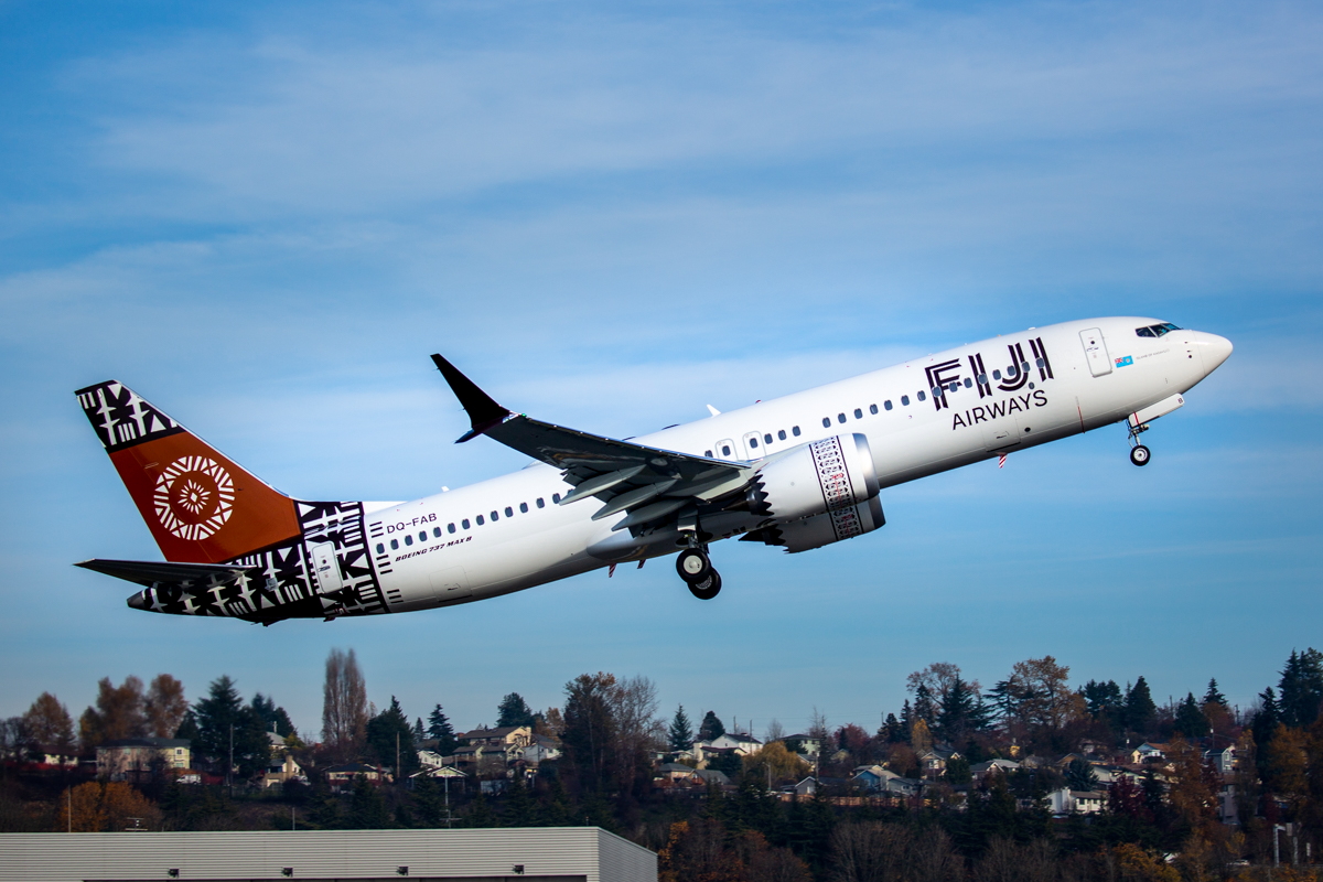 Fiji Airways has taken delivery of its first Boeing 737 MAX. The MAX 8 can seat up to 178 passengers in a standard two-class configuration and fly 3,550 nautical miles (6,570 kilometers). Compared to the previous 737 model, the MAX 8 can fly 600 nautical miles farther, while providing 14% better fuel efficiency. Click to enlarge.