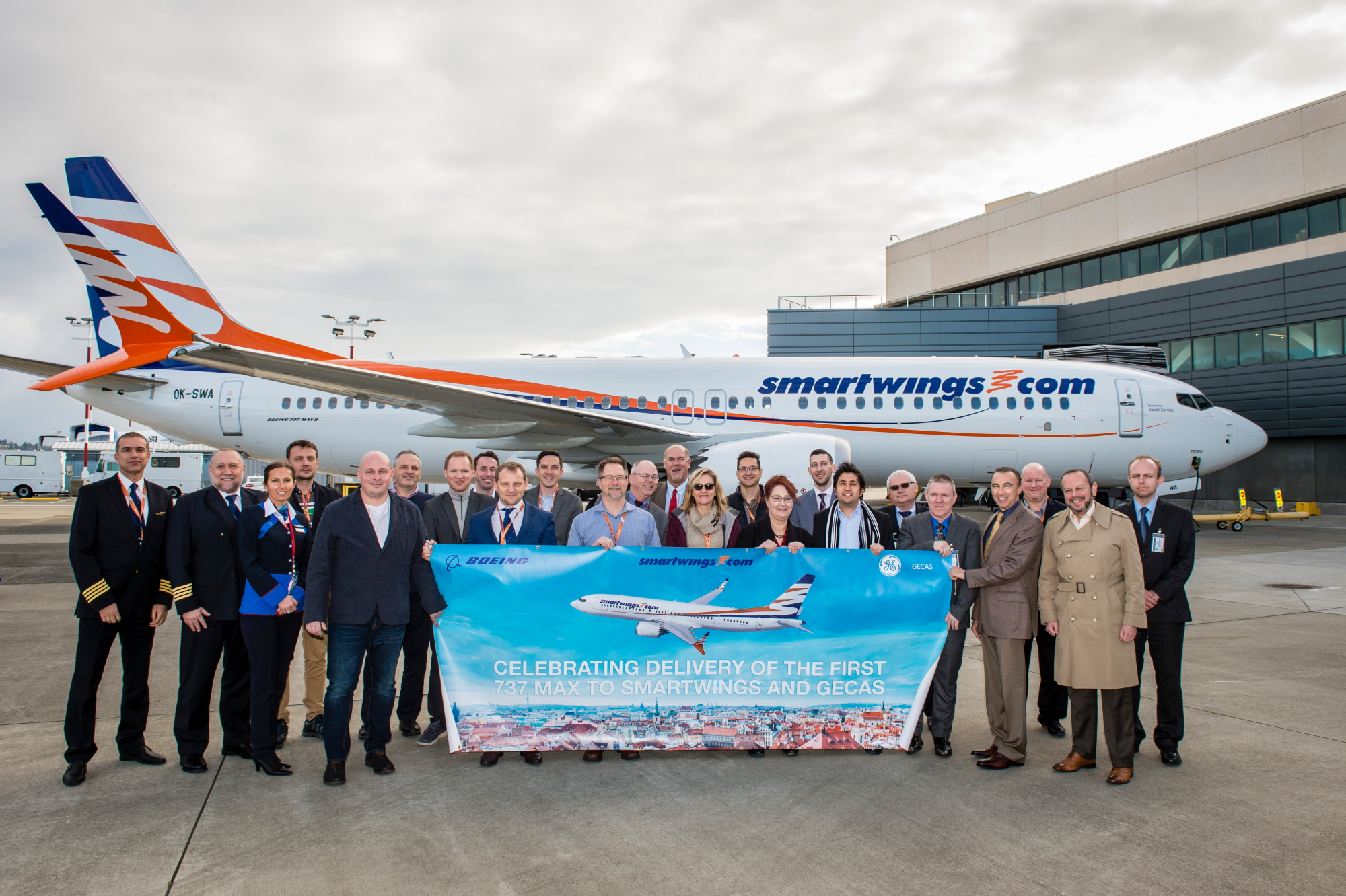 Boeing, GE Capital Aviation Services (GECAS) and Travel Service, the largest carrier in the Czech Republic, celebrated the delivery of the airline's first 737 MAX airplane. A group from the airline is seen here in Seattle, commemorating the delivery. Photo: Marian Lockhart. Click to enlarge.