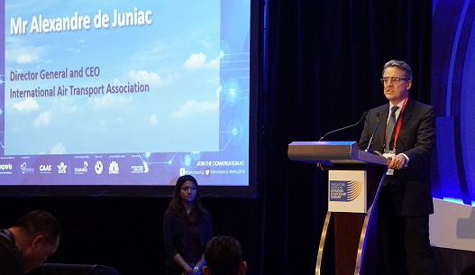 Alexandre de Juniac giving his keynote address to the Singapore Airshow Aviation Leadership Summit (SAALS). The theme of the Summit is ‘Reimagining Aviation’s Future’. Click to enlarge.