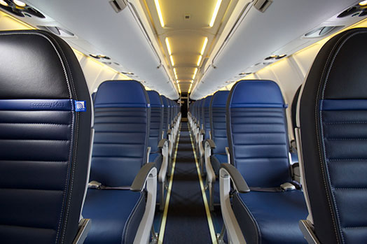 Mesa operates the Embraer 175 under the United Express brand. The 76-seat dual-class configuration features 12 First-Class, 16 Premium Economy and 48 Coach seats. The aircraft has Inflight Wi-Fi connectivity, leather seating and electric outlets in First Class. Click to enlarge.