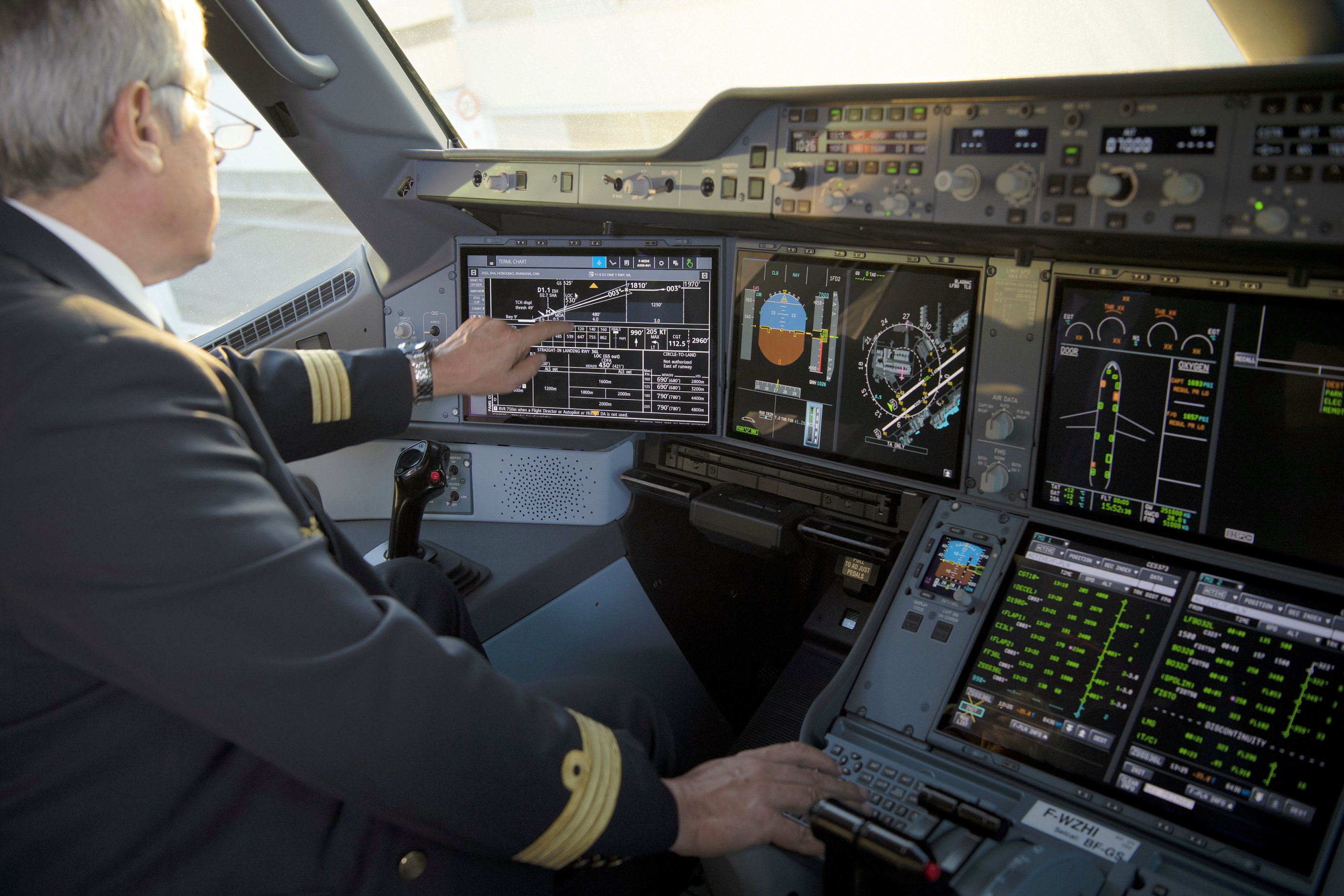 This new method of input complements the existing physical keyboard integrated into the retractable table in front of each pilot and also the keyboard and trackball “keyboard-cursor control unit” (KCCU) located on the centre console. Click to enlarge.