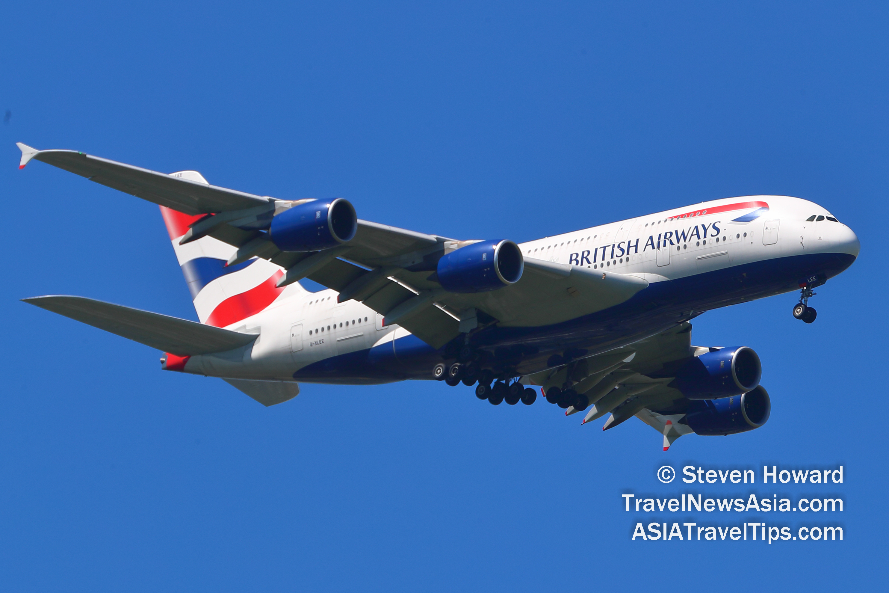 British Airways Airbus A380 reg: G-XLEE. Picture by Steven Howard of TravelNewsAsia.com on 4 July 2019. Click to enlarge.