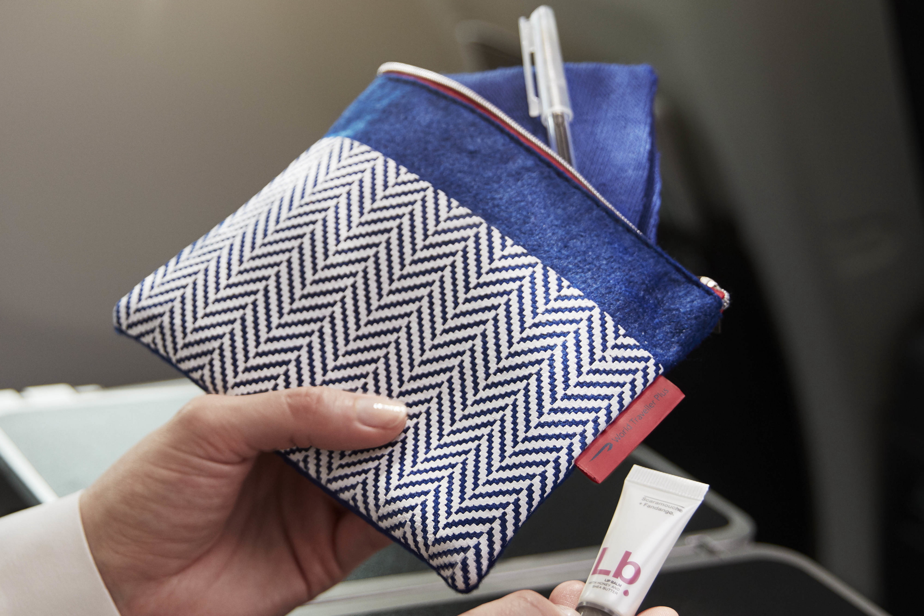 Passengers in British Airways' World Traveller Plus premium economy cabin will receive a new amenity kit from 1 July 2019. The amenity kits include an eyeshade, socks, a pen, toothbrush and toothpaste, and lip balm from the Scaramouche & Fandango range. Click to enlarge.