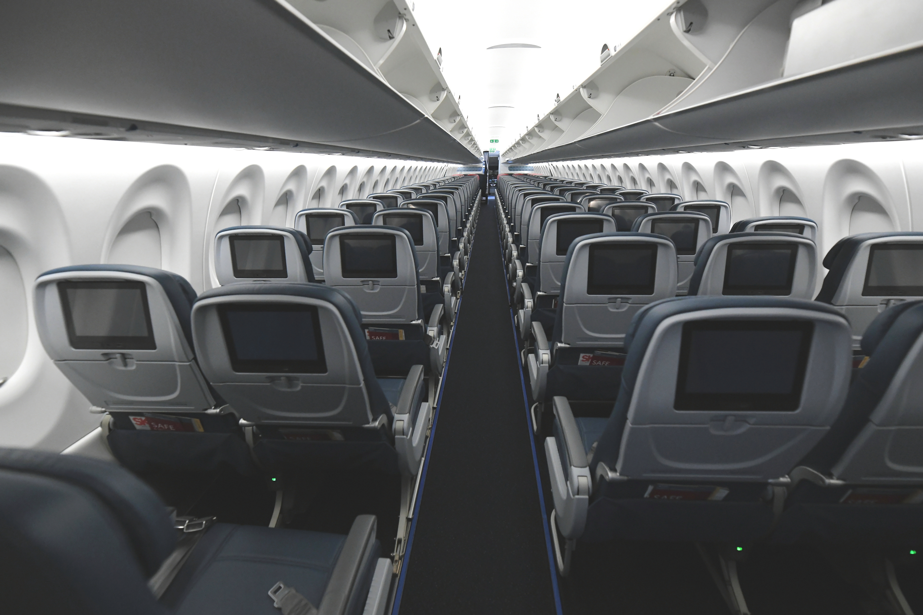Cabin of Delta's Airbus A220-100. Click to enlarge.