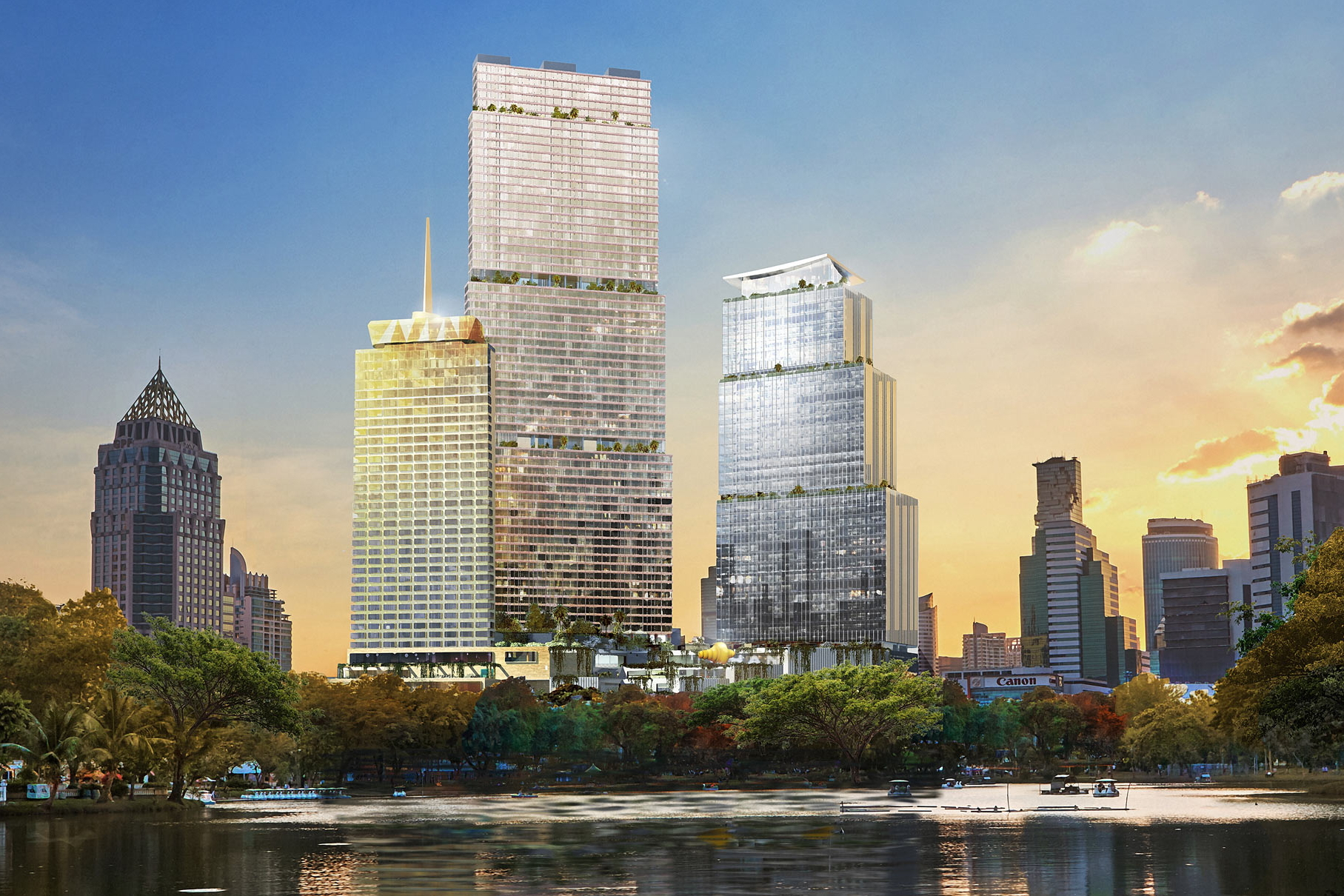 Worth a total of 36.7 billion baht and covering 440,000 sqm of prime real estate on the corner of Silom and Rama IV roads, the project will feature luxury residences, an office tower, a high-end shopping complex with a large rooftop park, and a distinctive reimagining of the Dusit Thani Bangkok hotel, Dusit's iconic flagship property, which served as a symbol of gracious Thai hospitality for 50 years. Click to enlarge.