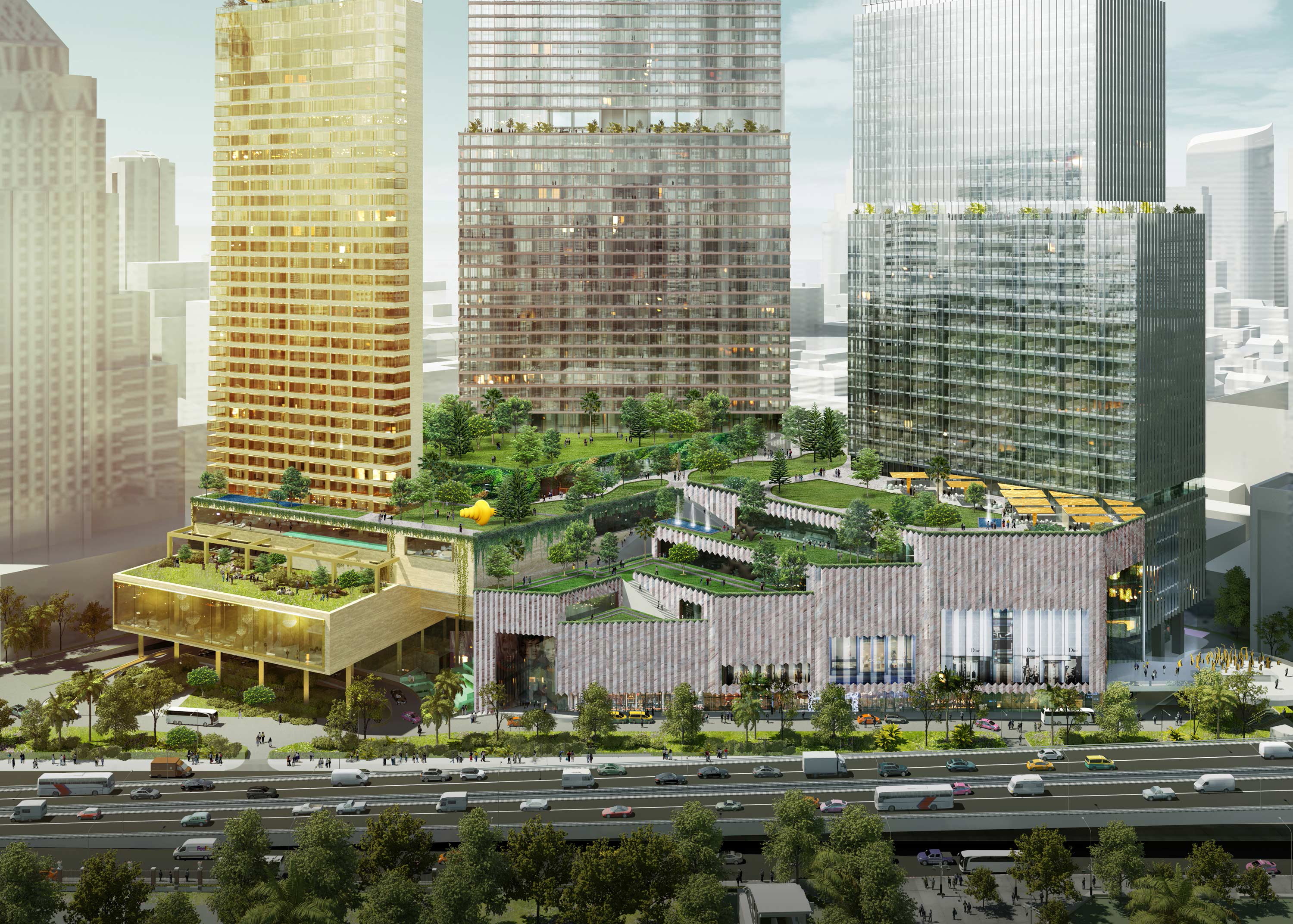 Worth a total of 36.7 billion baht and covering 440,000 sqm of prime real estate on the corner of Silom and Rama IV roads, the project will feature luxury residences, an office tower, a high-end shopping complex with a large rooftop park, and a distinctive reimagining of the Dusit Thani Bangkok hotel, Dusit's iconic flagship property, which served as a symbol of gracious Thai hospitality for 50 years. Click to enlarge.