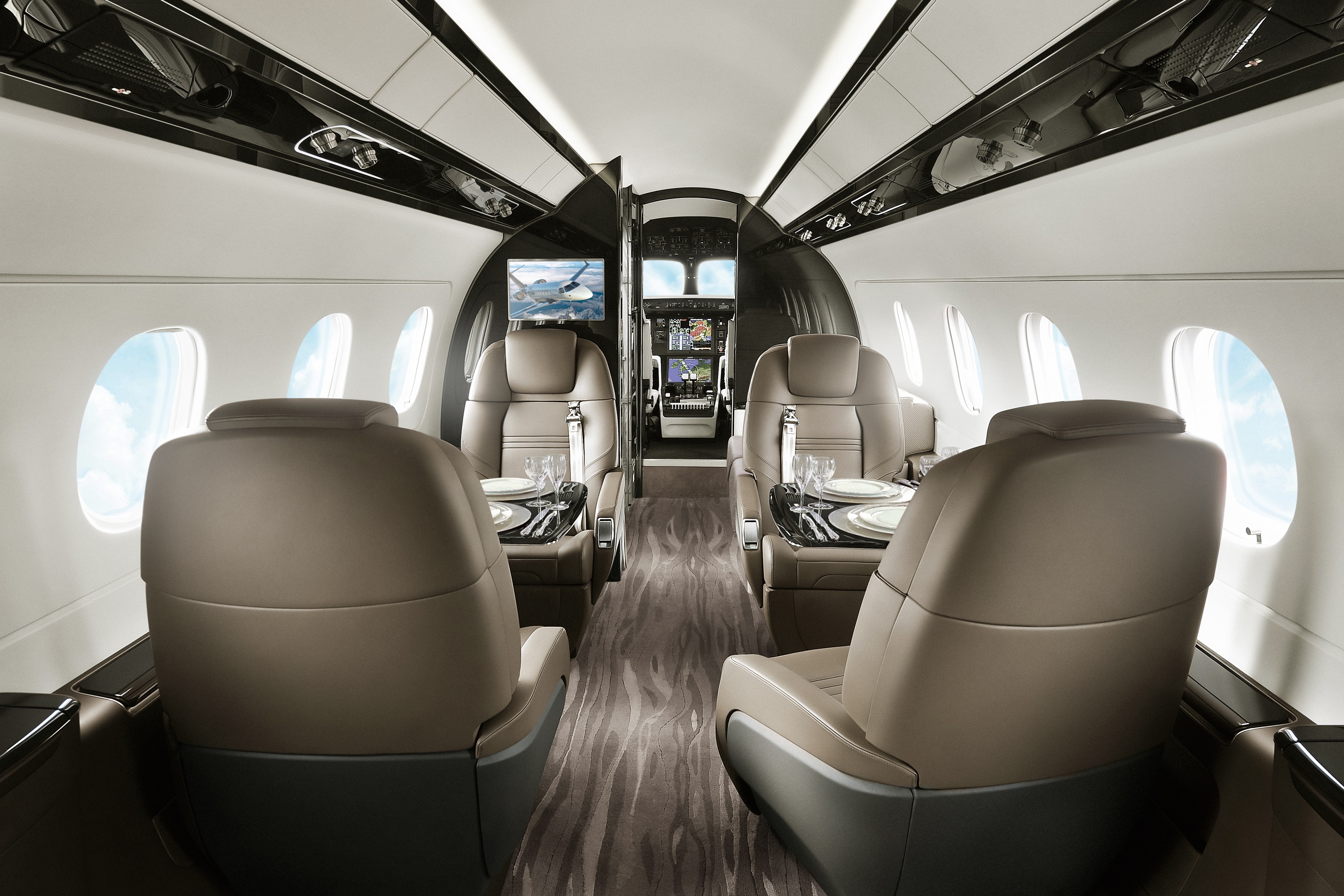 Luxurious cabin of an Embraer Praetor 500. Click to enlarge.