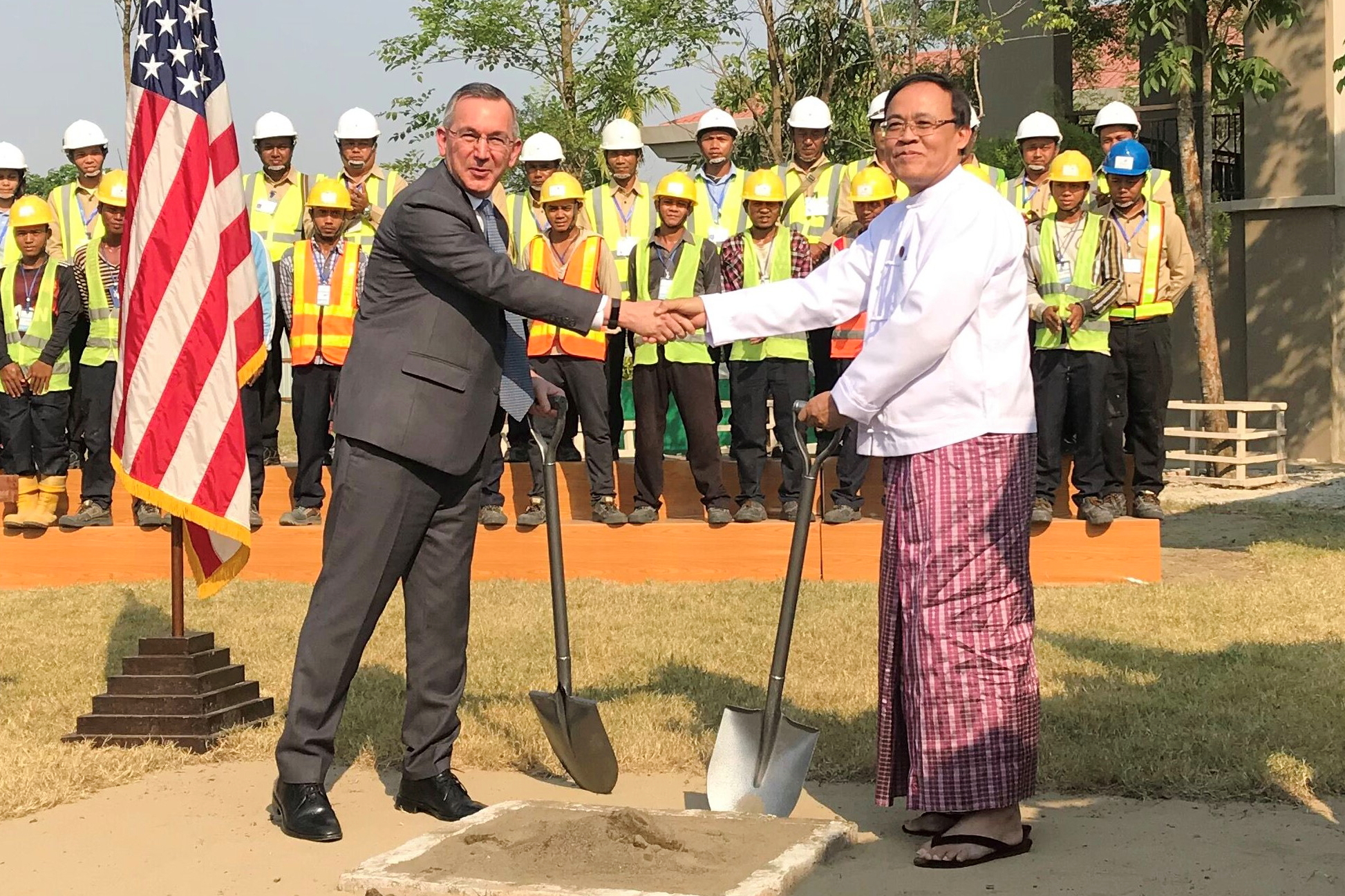 The groundbreaking ceremony took place in the presence of U.S. Ambassador Scot Marciel and Minister U Kyaw Tin, Union Minister for International Cooperation, Myanmar. Click to enlarge.