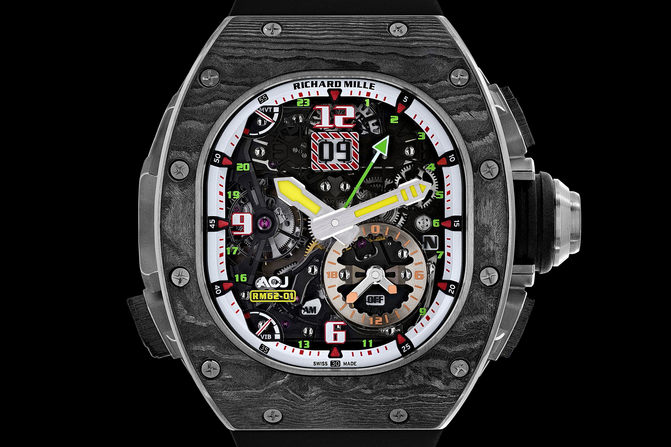 Airbus Corporate Jets (ACJ) and Richard Mille, the man and company that created Rafael Nadal’s world-famous collection of truly outstanding timepieces, have launched a new watch. Called the RM 62-01 Tourbillon Vibrating Alarm ACJ, the watch features a discreet alarm that alerts the wearer through vibrations that only they can feel. Click to enlarge.