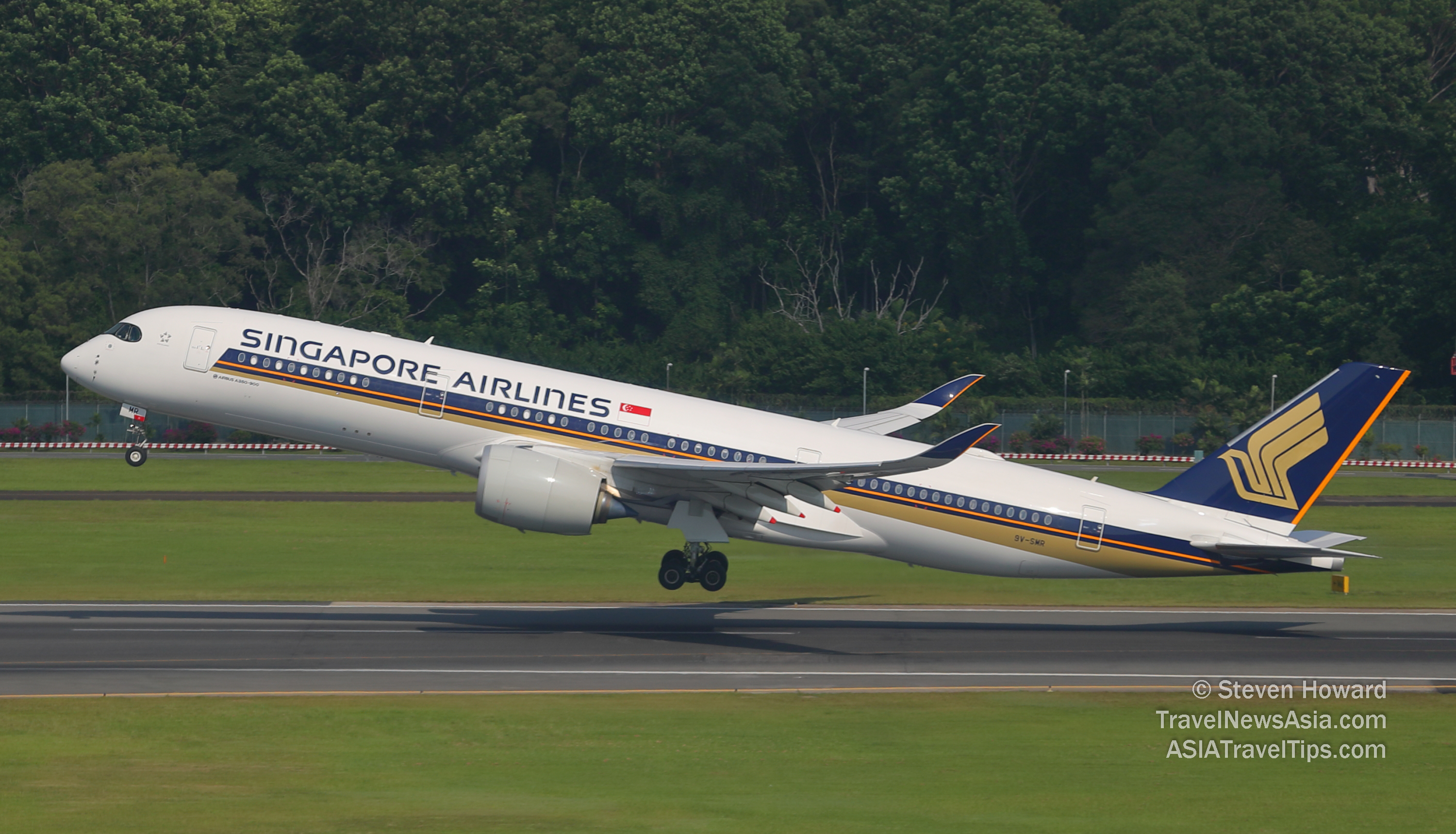 Singapore Airlines Airbus A350-900 reg: 9V-SMR taking off from Changi Airport in Singapore. Picture by Steven Howard of TravelNewsAsia.com Click to enlarge.
