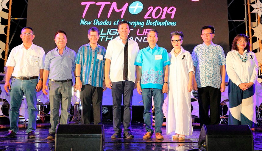 From left to right: Mr. Yutthachai Soonthronrattanavate, TAT Board of Member and Vice President of Tourism Council of Thailand; Mr. Chairat Trirattanajarasporn, TAT Board of Member and President of Tourism Council of Thailand; Mr. Chattan Kunjara Na Ayudhya, TAT Deputy Governor for International Marketing – Asia and the South Pacific; Mr. Vitaya Khunplome, President of Chonburi Provincial of Administrative Organisation; Mr. Bonyarit Kalayanamit, TAT Board of Member and Permanent Secretary, Ministry of Commerce; Mrs. Srisuda Wanapinyosak, TAT Deputy Governor of International Marketing (Europe, Africa, Middle East and Americas); Asst. Prof. Anamai Damnet, TAT Board of Member; Ms. Somradee Chitchong, TAT Deputy Governor for Administration at the TTM+ 2019 opening ceremony party. Click to enlarge.