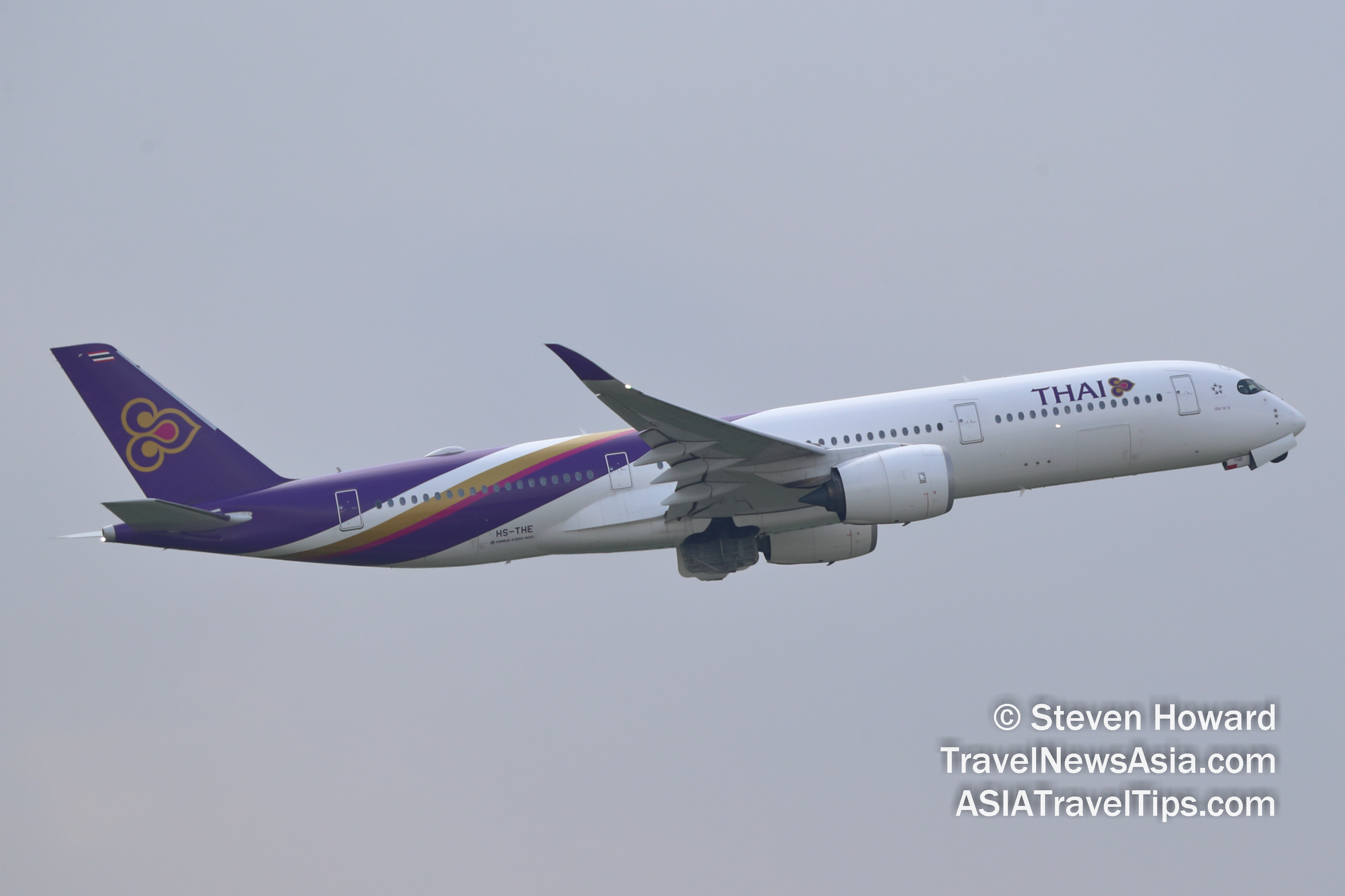 Thai Airways Airbus A350 reg: HS-THE. Picture by Steven Howard of TravelNewsAsia.com Click to enlarge.