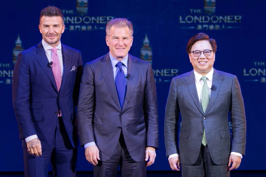 Details of The Londoner Macao project were unveiled at The Venetian Macao by Robert Goldstein, President and Chief Operating Officer of Las Vegas Sands (centre), Dr. Wilfred Wong, President of Sands China Ltd. (right) and David Beckham, global sporting icon and Sands Resorts Macao global ambassador (left). Click to enlarge.
